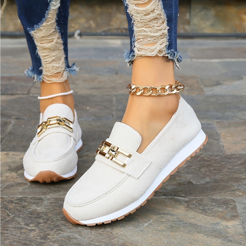 Women's Cream Slide On Loafers with Gold Accent